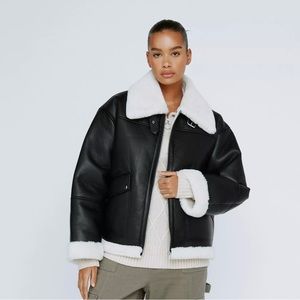 Nasty Gal Fur Lined Leather Aviator Shearling Jacket